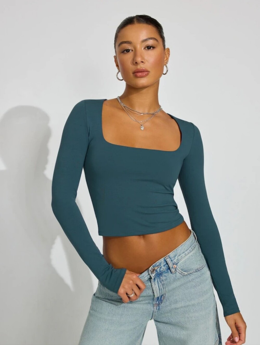 Garage Square Neck Long Sleeve Crop Top- True Teal